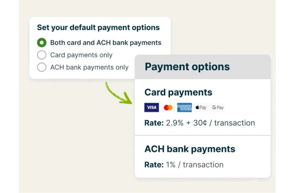 Payment settings showing options for card and ACH bank payments with transaction rates