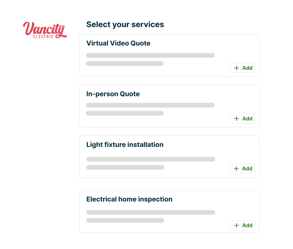 Online booking page for electrical contractors showing selectable services like virtual quote, in-person quote, light fixture installation, and electrical inspection