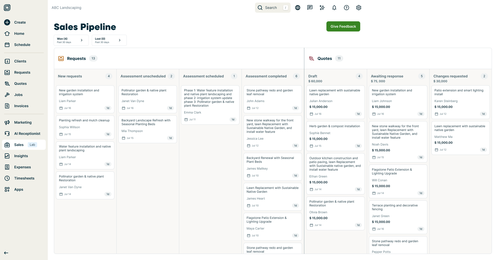 Jobber sales pipeline kanban board showing requests and quotes organized by stage to track leads, follow-ups, and job opportunities