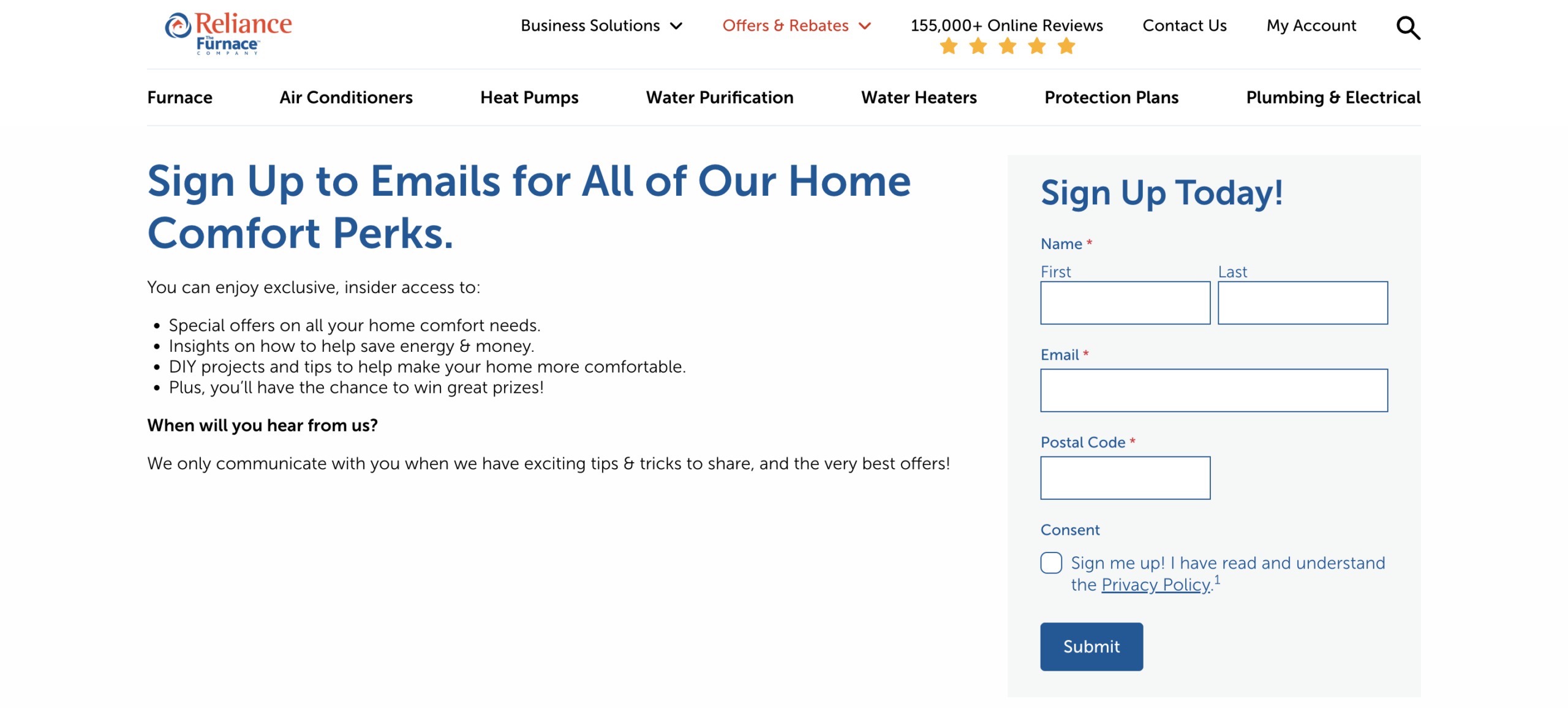 image of Reliance website's email sign up