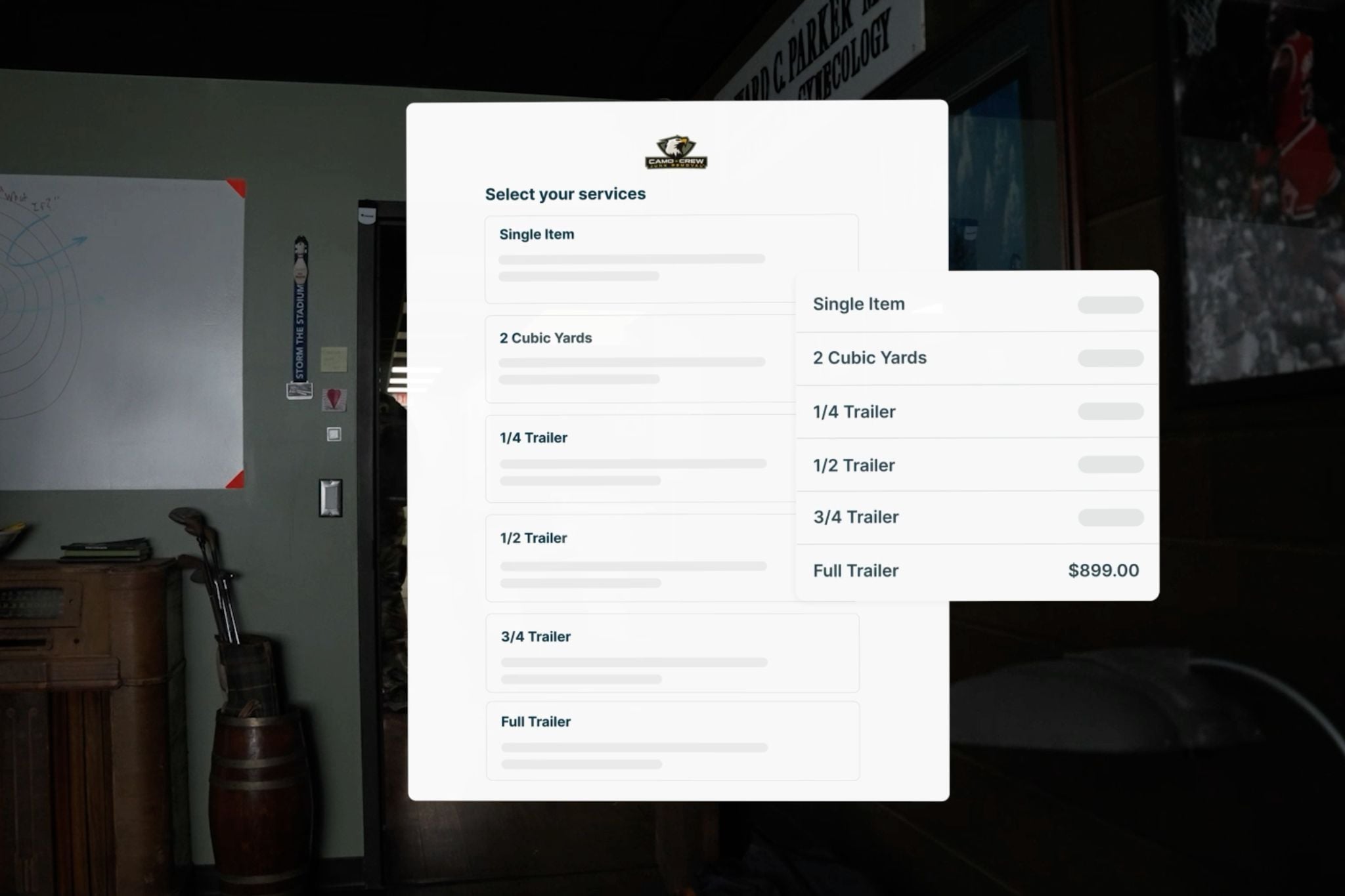 Online booking experience showing Camo Crew Responsible Junk Removal service options and pricing selections.