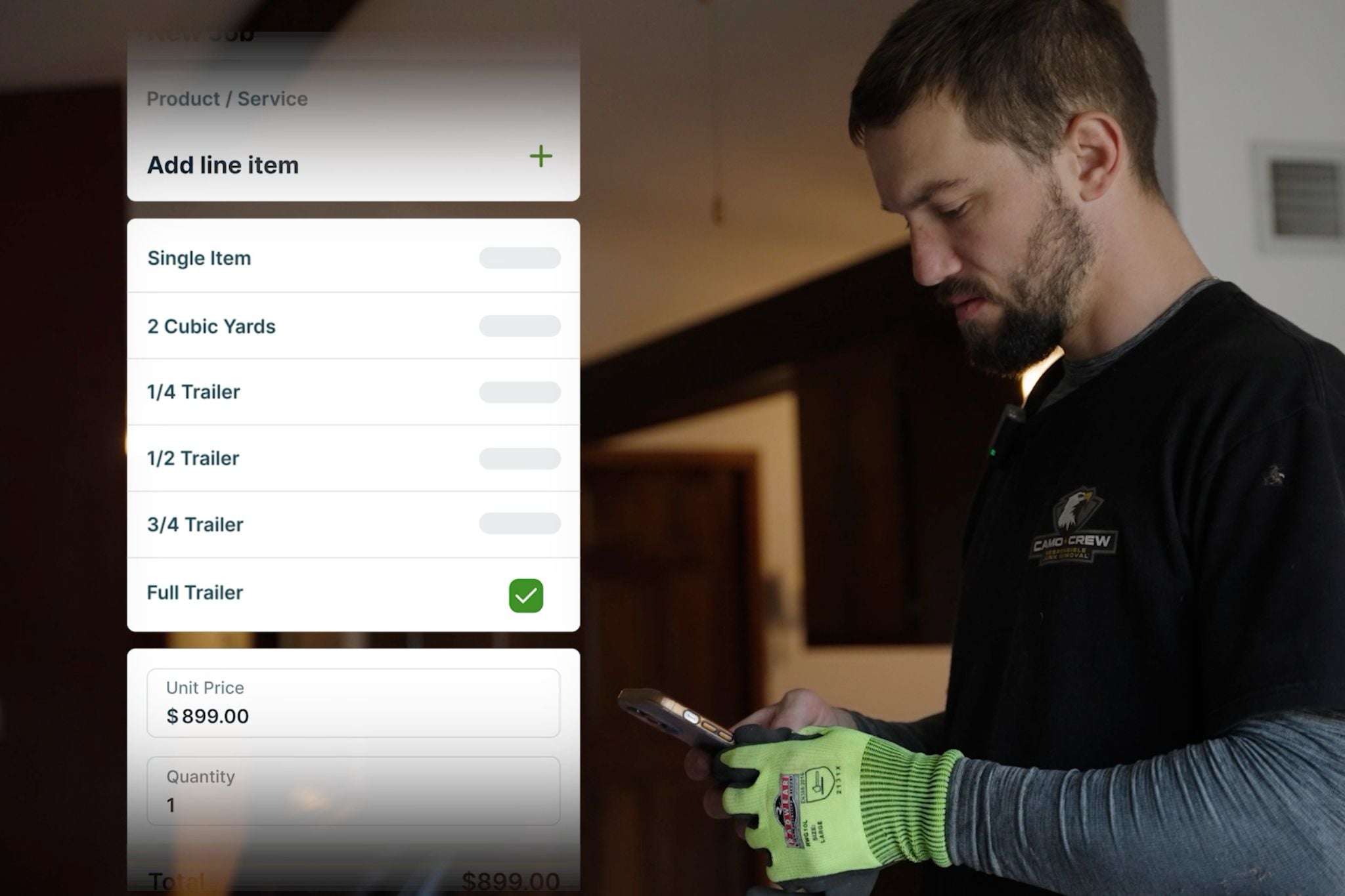 Camo Crew Responsible Junk Removal technician creating a junk removal quote on a mobile device with pricing and line items.