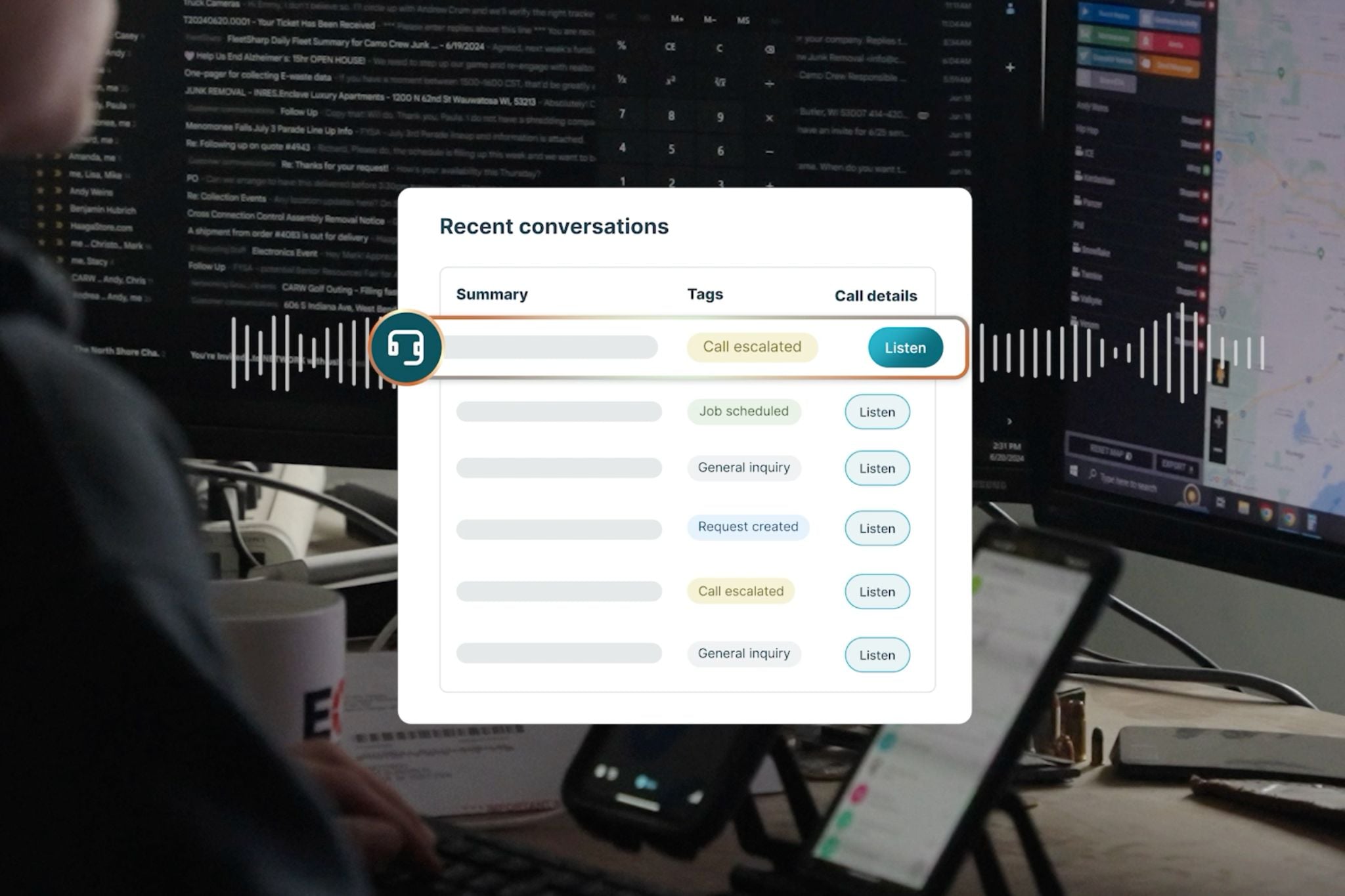 Jobber Receptionist showing recorded conversations, summaries, and customer inquiry tracking for a junk removal business.
