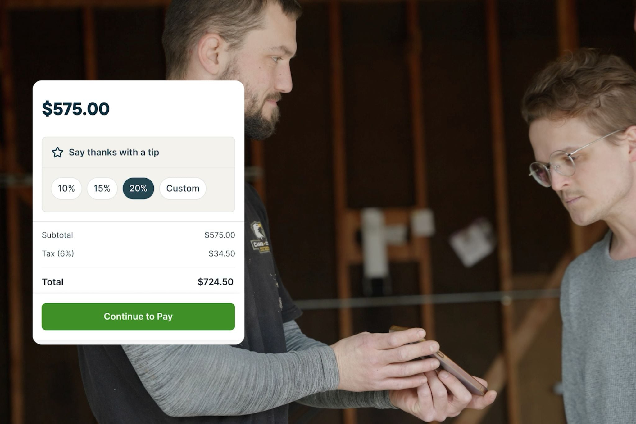 Customer reviewing a Jobber mobile payment screen with tipping options after a completed junk removal job.