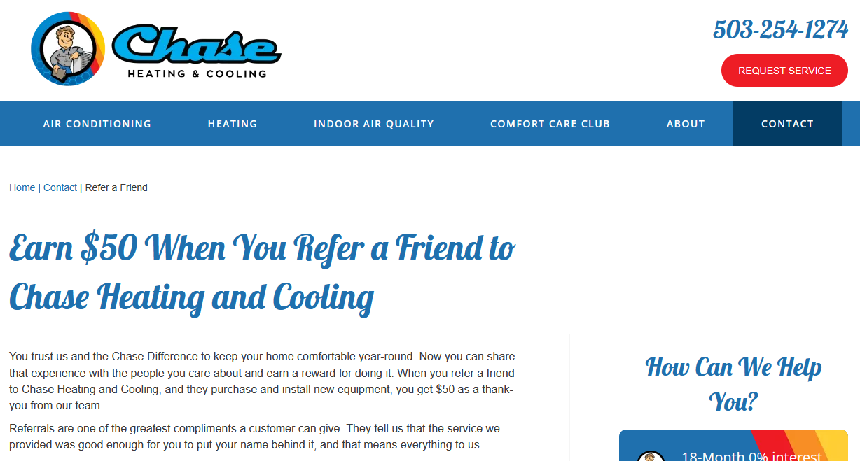 Chase Heating & Cooling cash incentive referral program