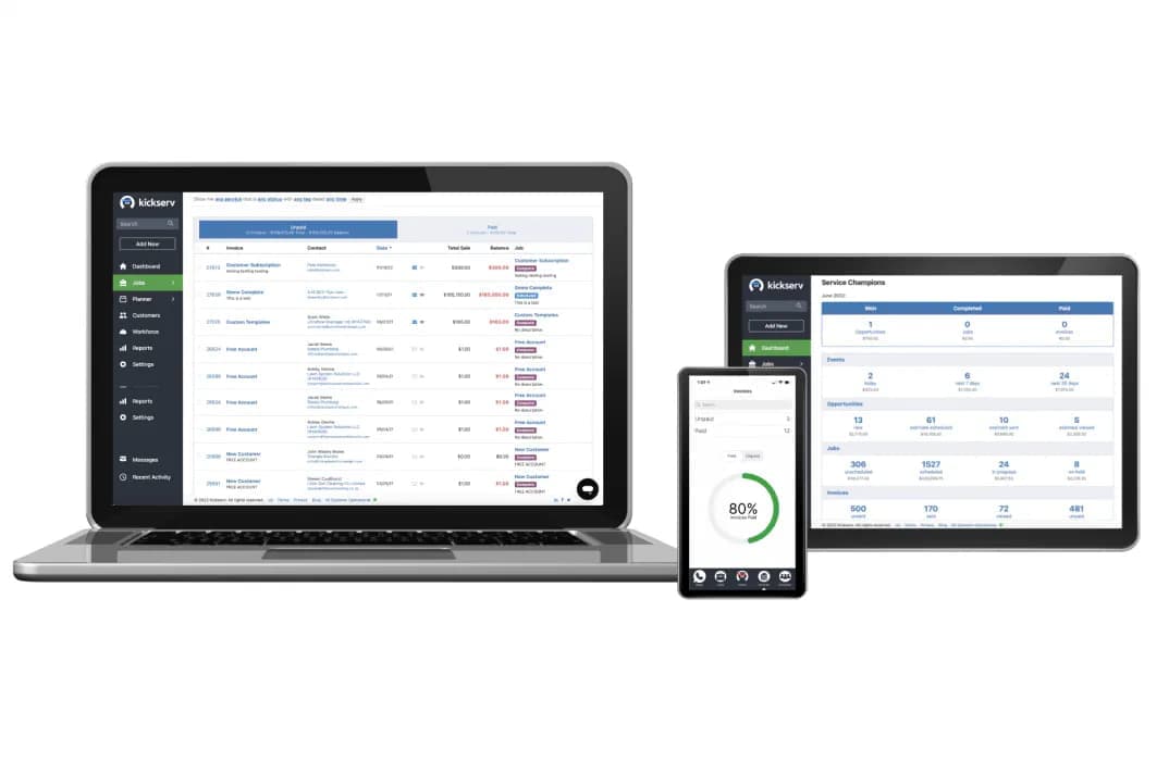 Kickserv software on laptop, tablet, and mobile device