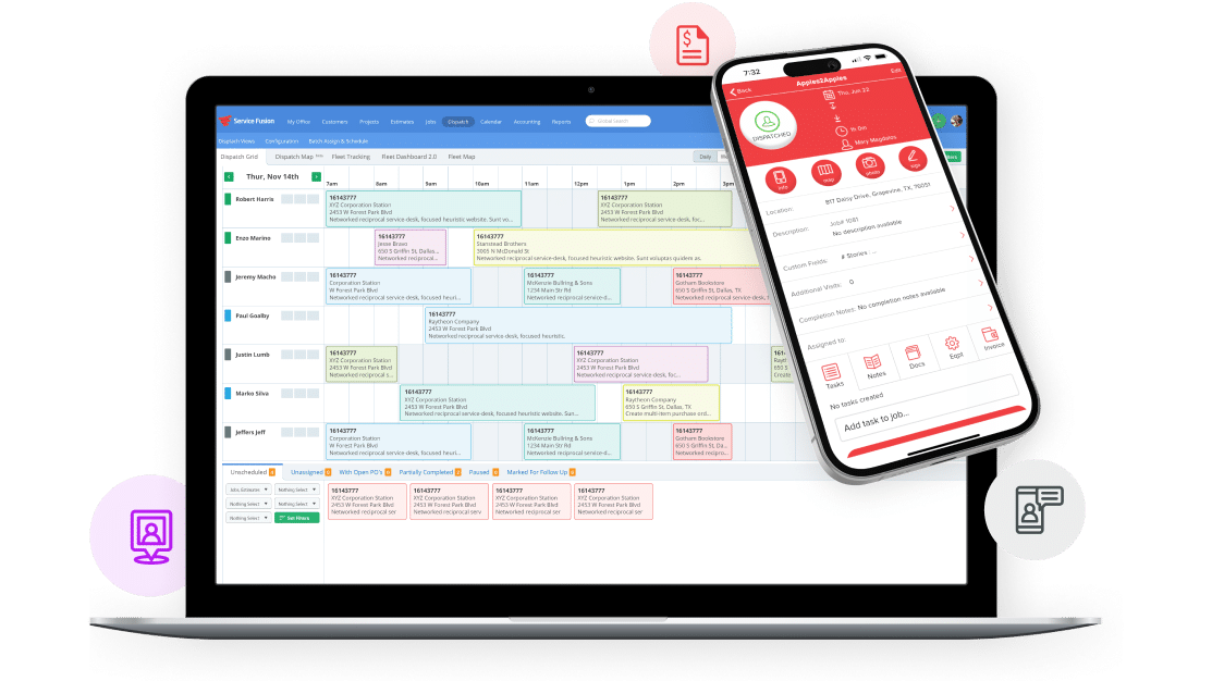 Service Fusion schedule on laptop and mobile app
