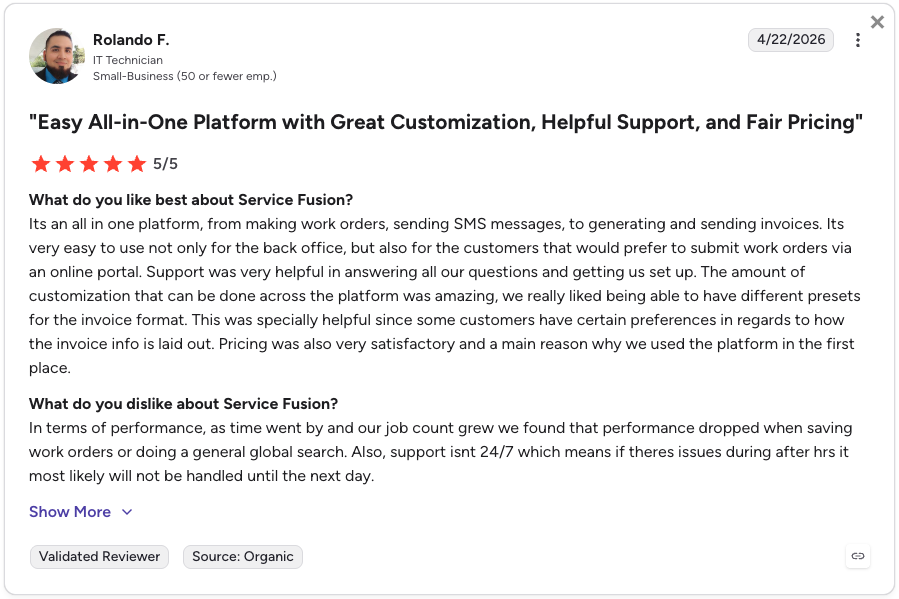 Favorable Service Fusion review