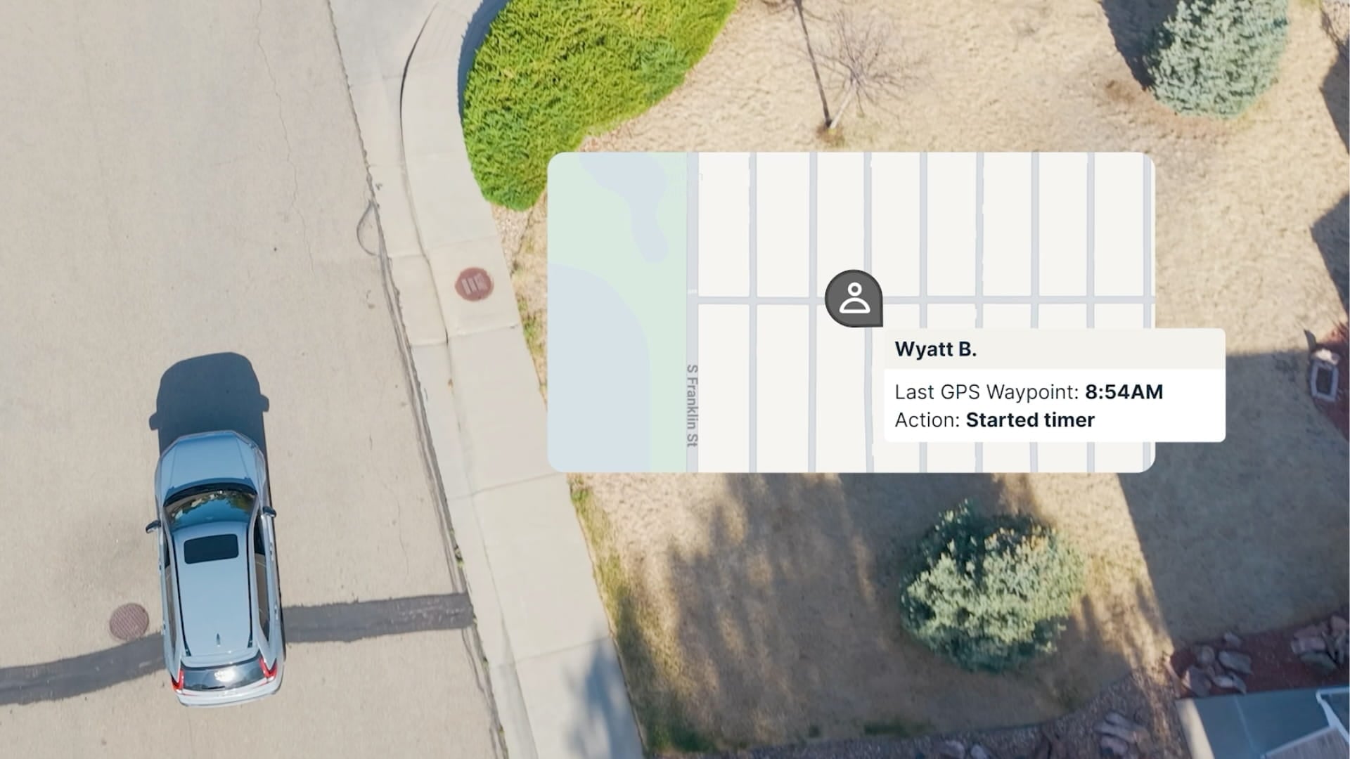 A service vehicle with a Jobber GPS tracking map overlay showing a cleaner's GPS location and arrival time.
