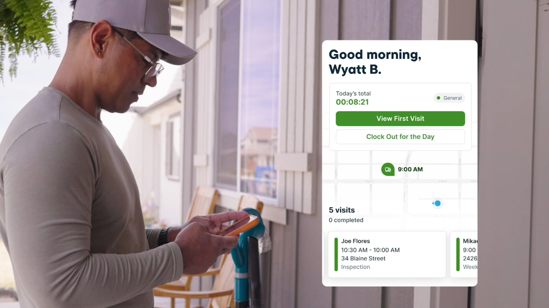 Earth Love Clenaing’s cleaner checks the day's schedule and upcoming visits using the Jobber mobile app.