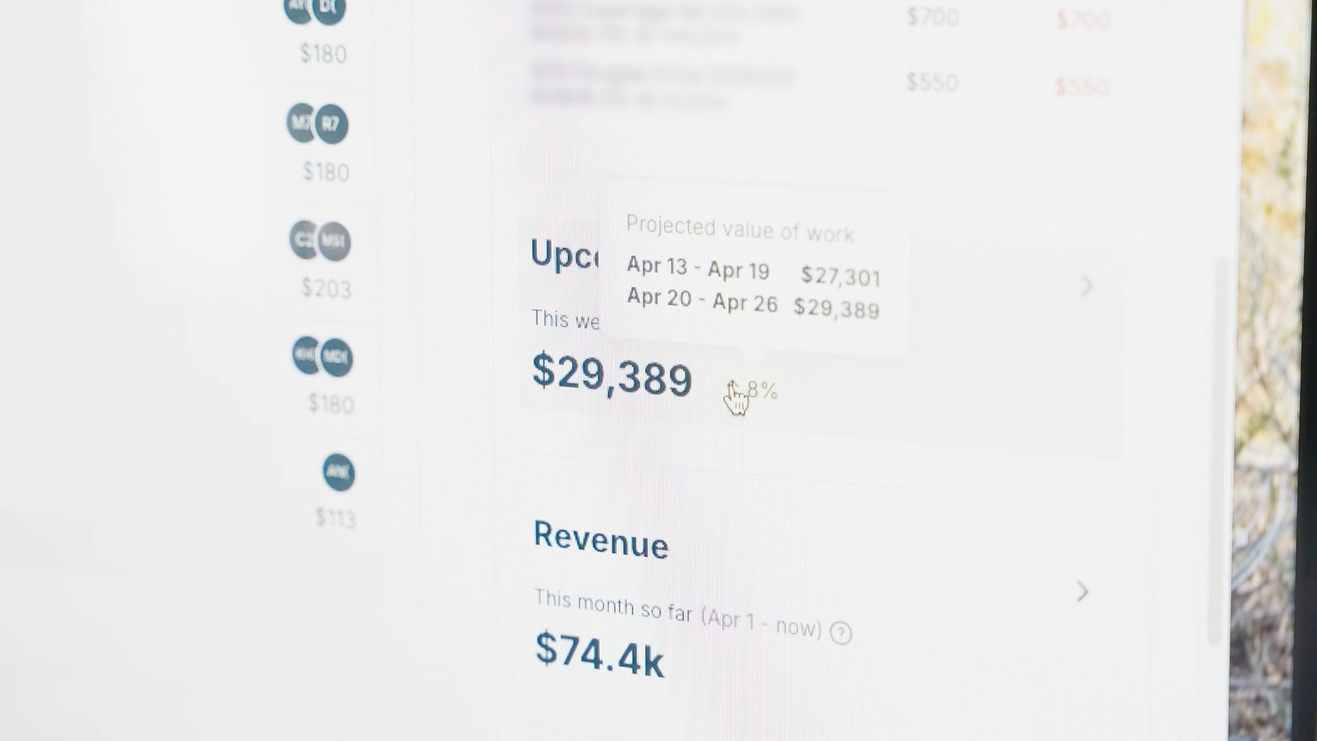A computer screen displaying Earth Love Cleaning’s projected revenue and upcoming work in Jobber.