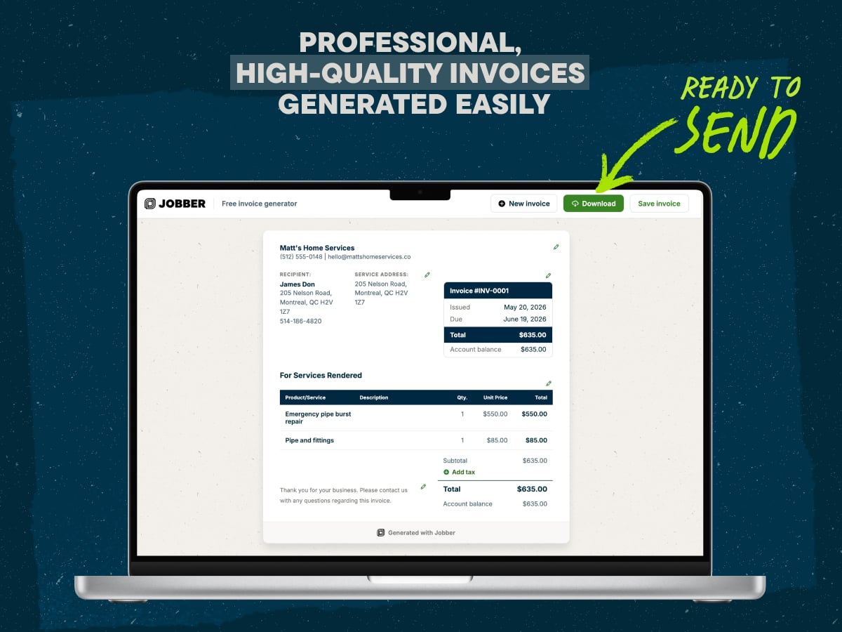 A laptop screen displaying a completed Jobber invoice