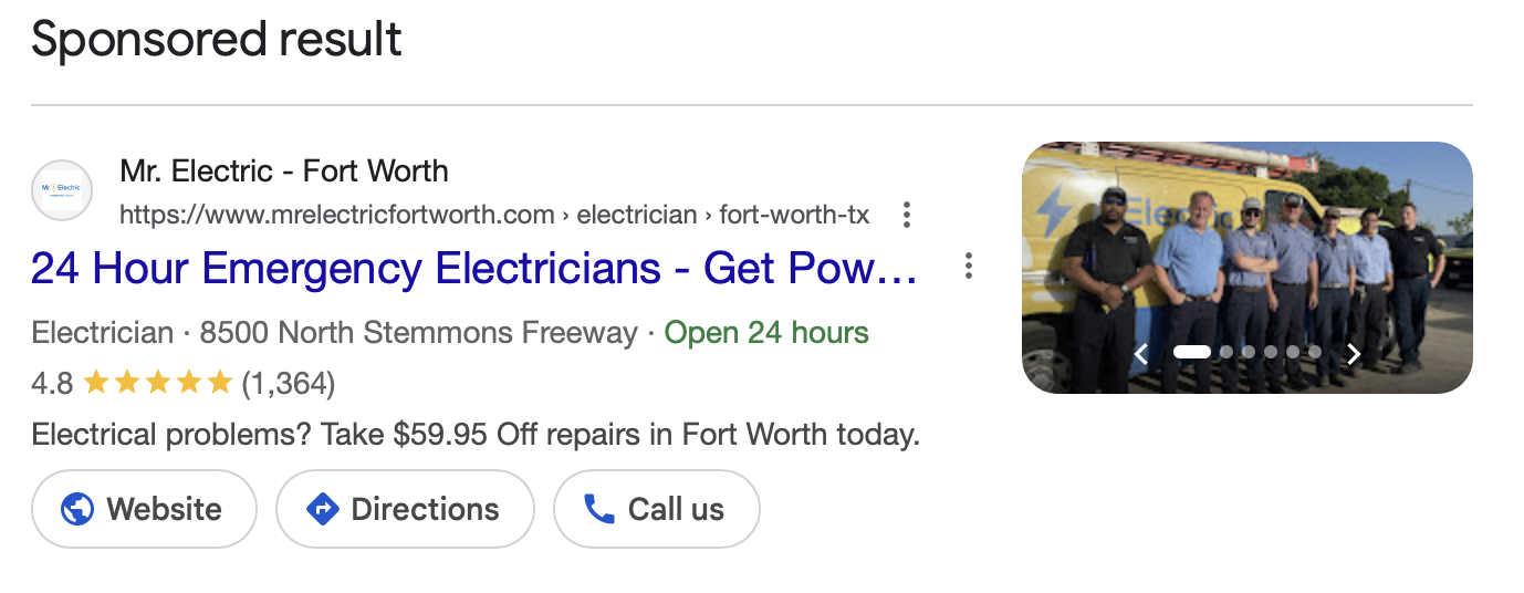 Google ad example for electricians
