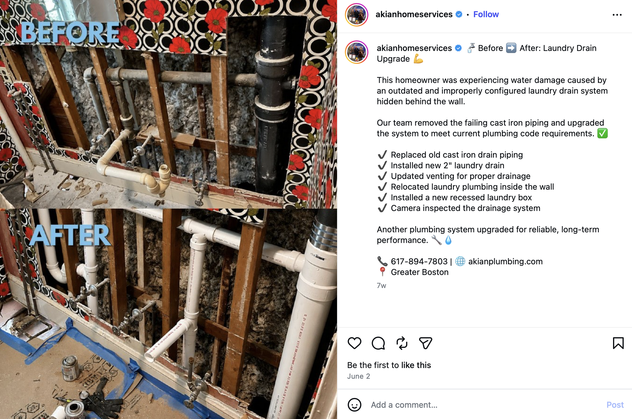 A local plumbing company shows before and safer photos on Instagram.