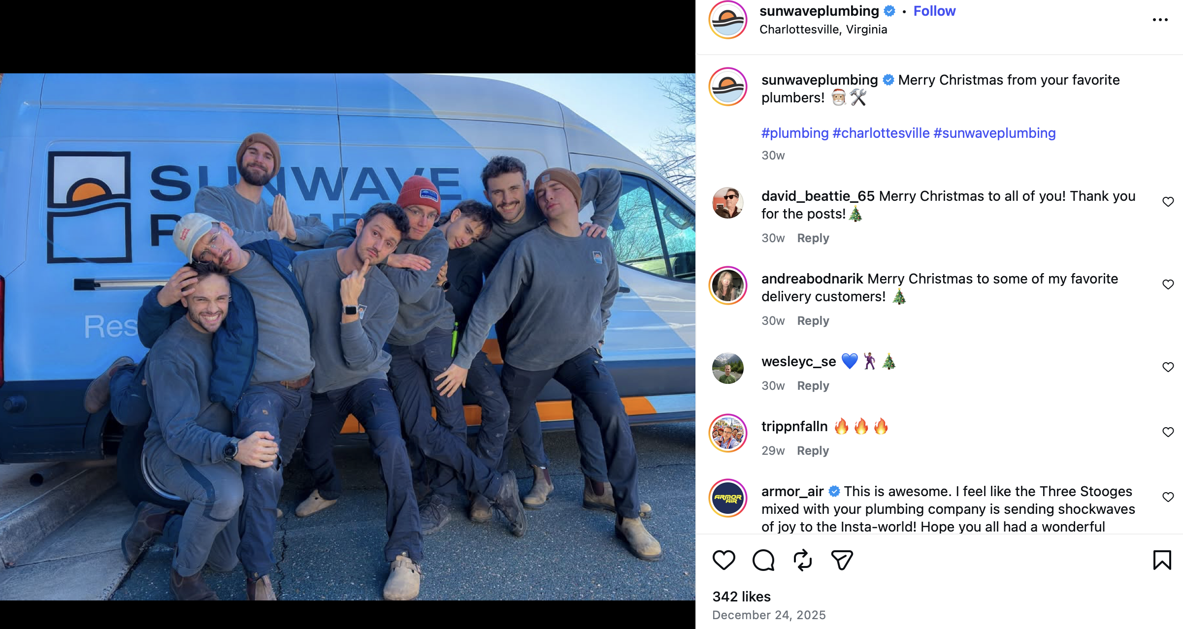 A Virginia-based plumbing team posts a holiday greeting to social media.