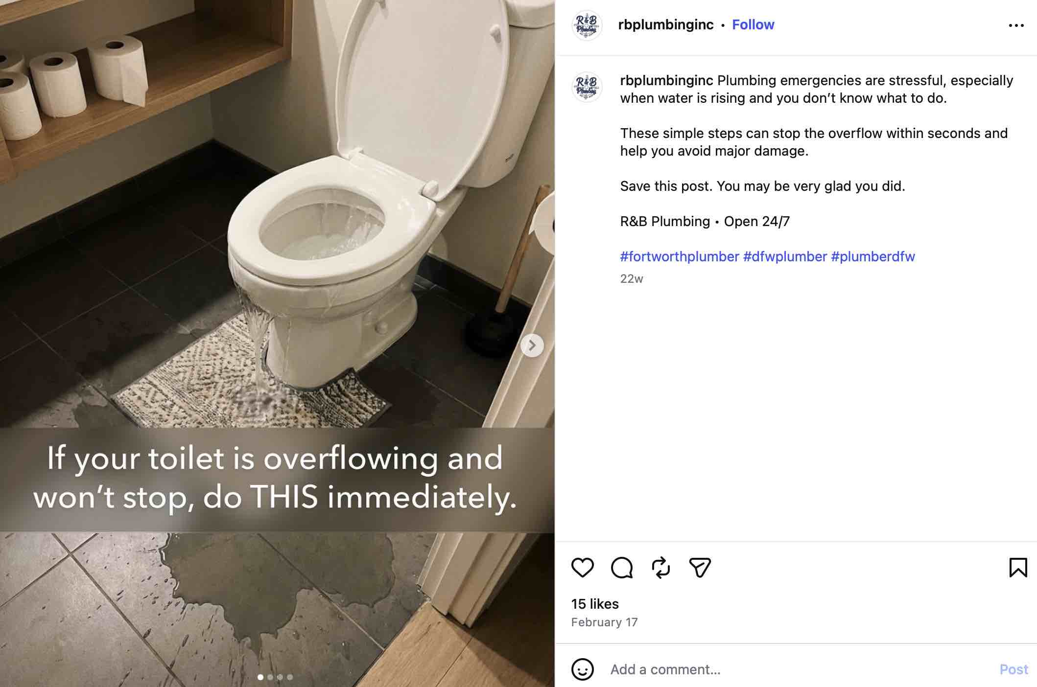An example of how to give plumbing customers educational tips on Instagram.