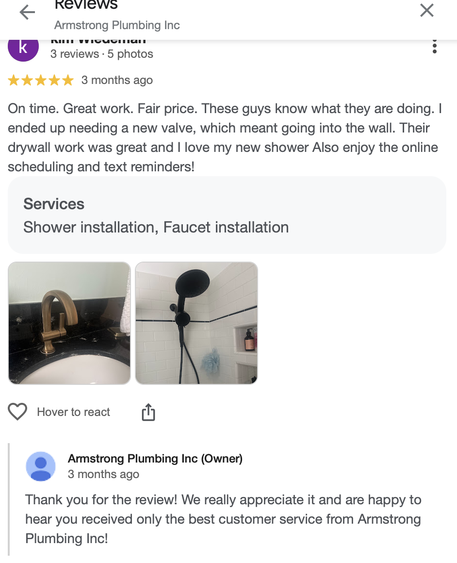 Armstrong Plumbing receives multiple 5-star Google reviews and responds directly.