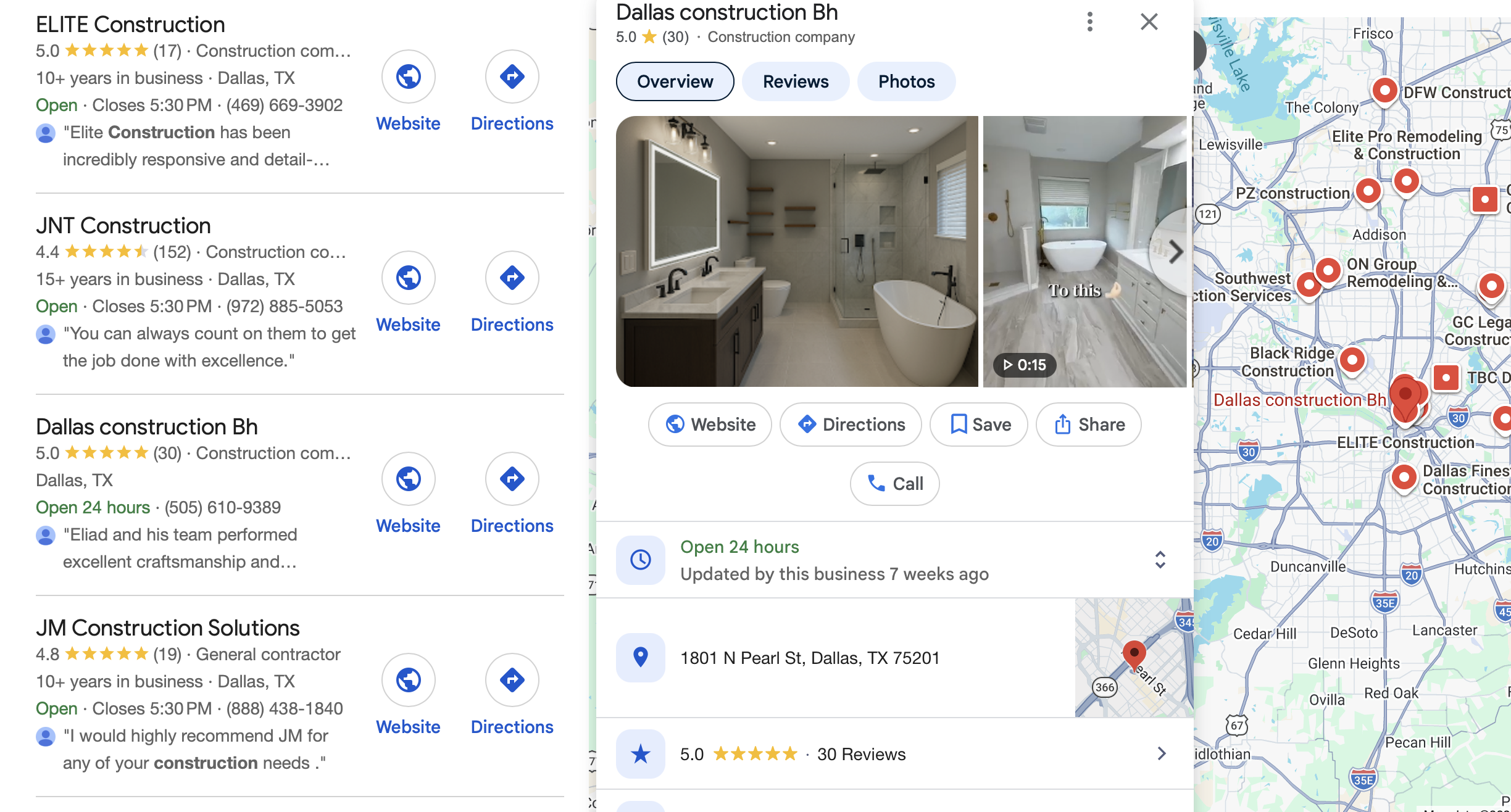 Top Google search results for remodeling businesses in the Dallas area.
