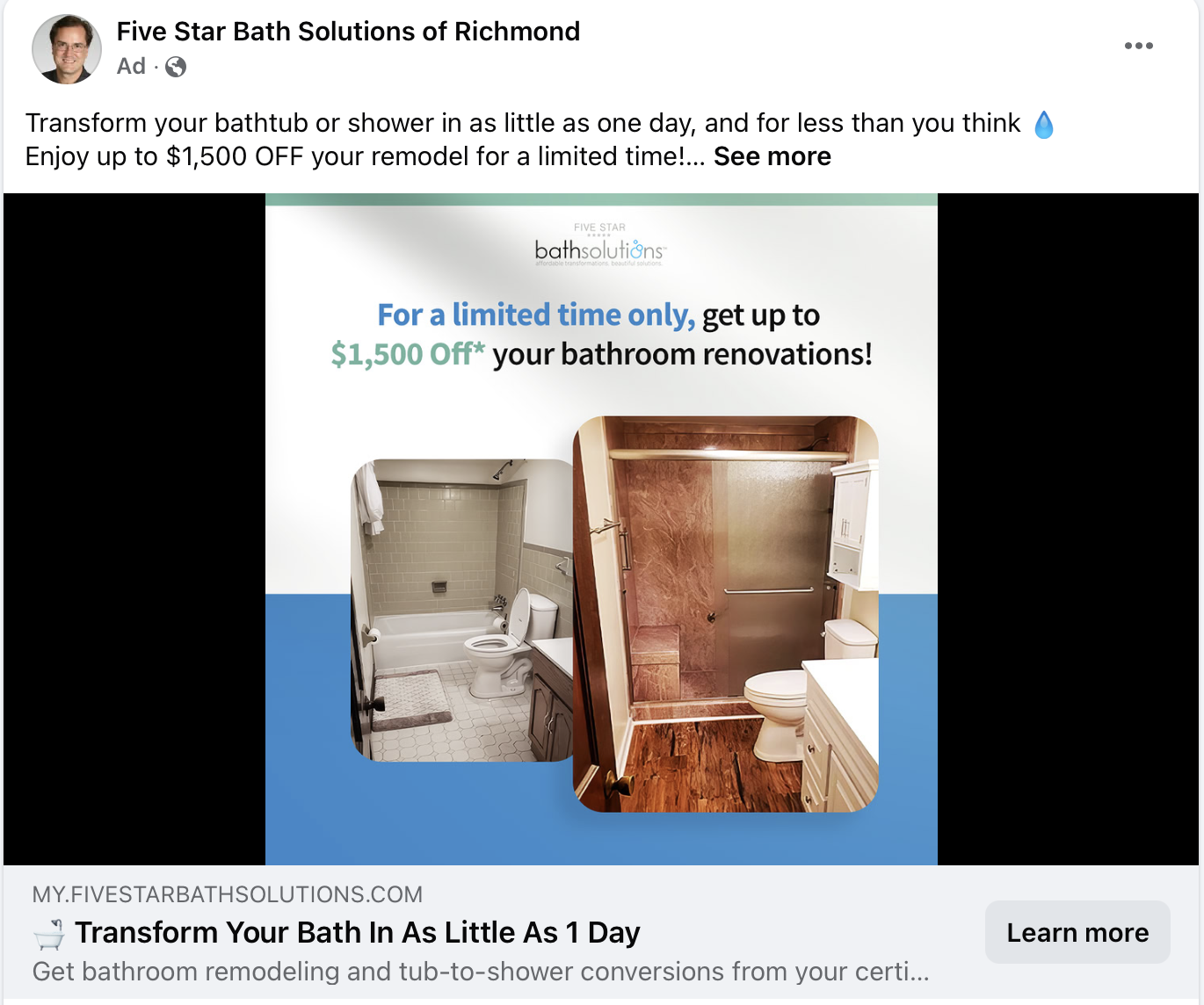 Facebook ad results for a local bathroom remodeling search.