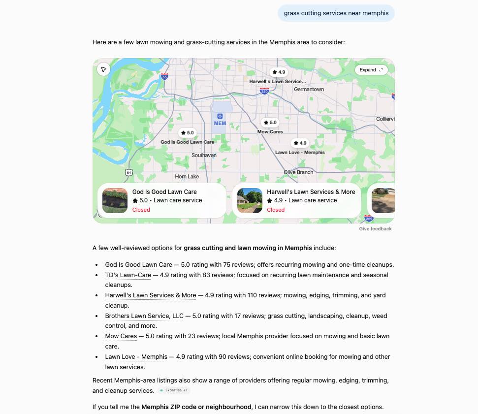 image of ChatGPT interface with local search query and results