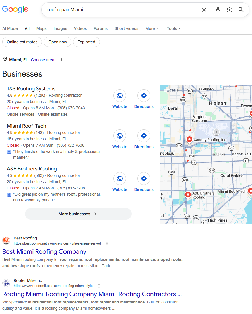 example of Google local map pack results