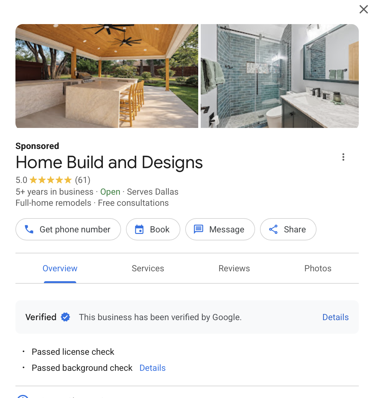 An example Google Business profile shows that a Dallas-area construction company is verified