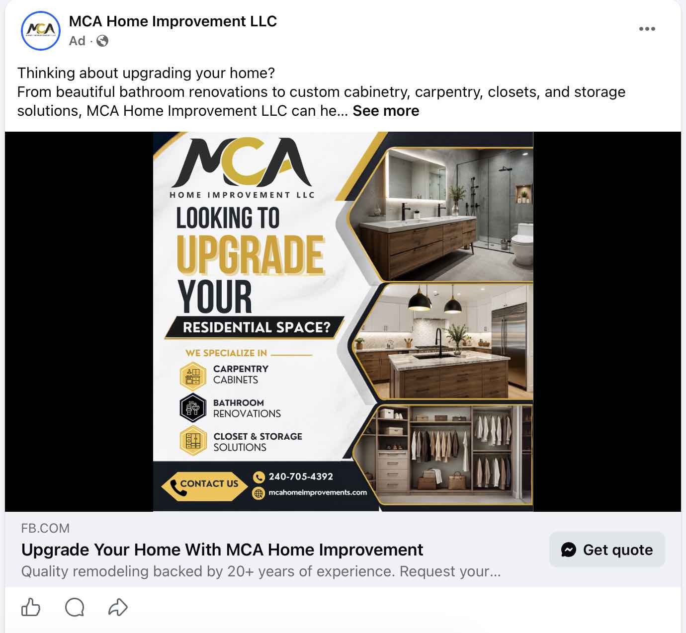 Good social media advertisements always include the option to get a quote or connect with the business.
