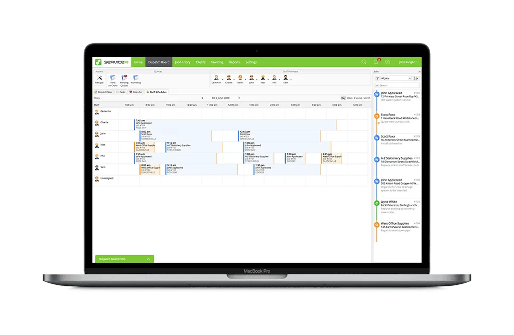 Scheduling calendar in ServiceM8 software