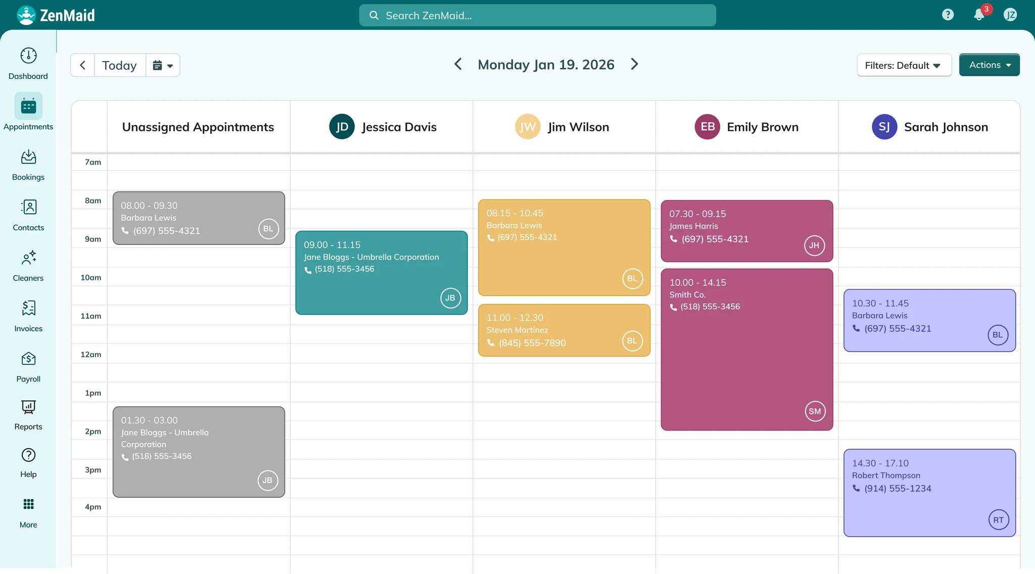 Scheduling calendar in ZenMaid software