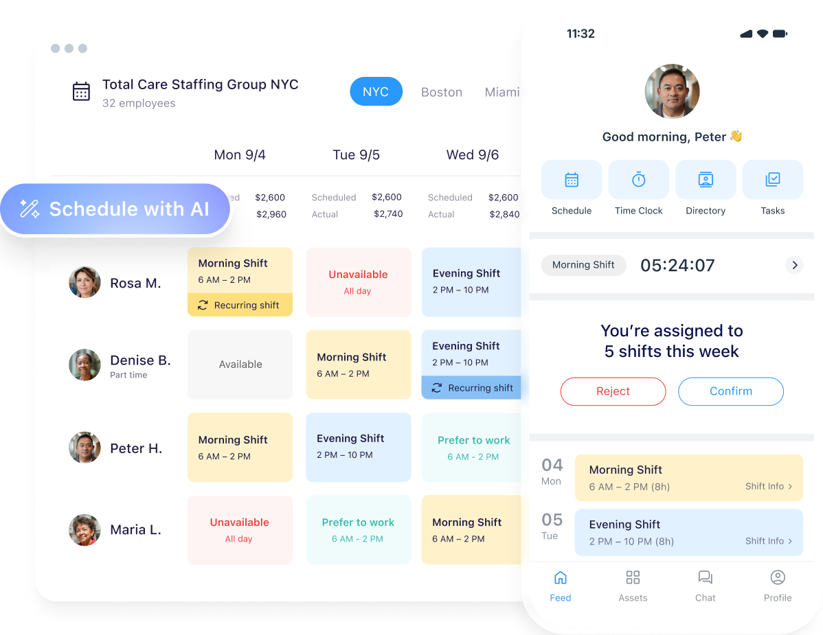 A weekly shift schedule on desktop with a Schedule with AI button and morning and evening shifts for four employees, beside a phone app showing a time clock and the message You're assigned to 5 shifts this week with Reject and Confirm buttons.