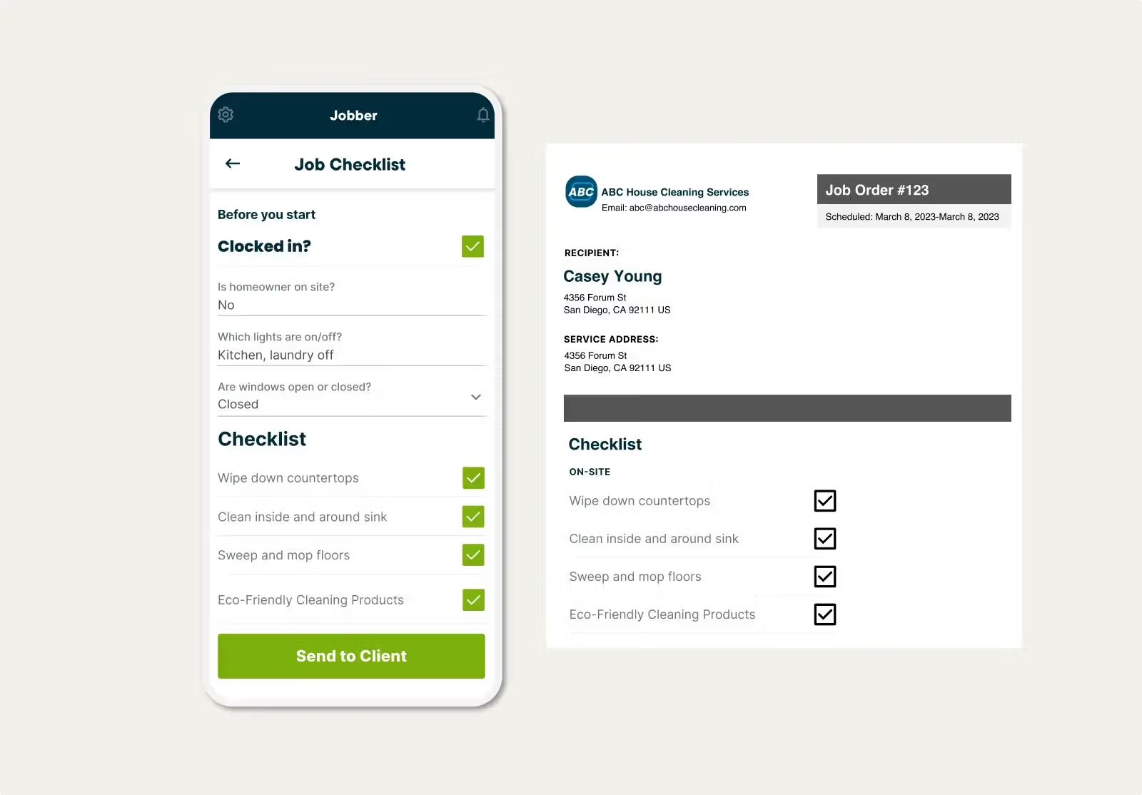 Jobber's job checklist on a phone, with cleaning tasks ticked off and a Send to Client button, next to the matching job order for ABC House Cleaning Services.