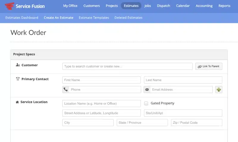 Service Fusion's Create an Estimate screen showing a blank work order form with fields for customer, primary contact and service location.